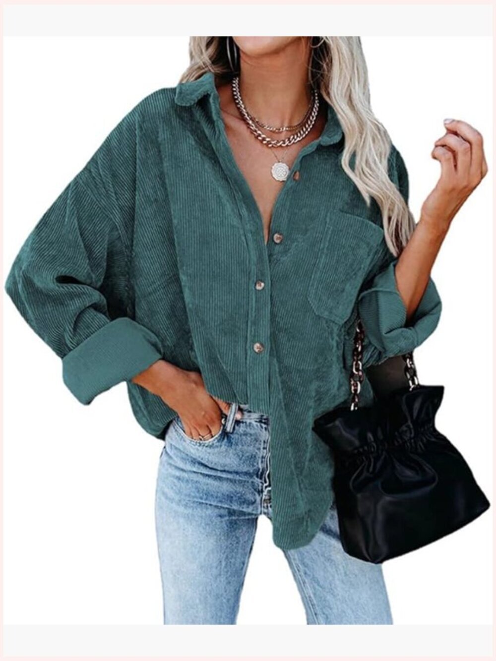 Corduroy Button Down Pocket Shirt Long Sleeve Loose Blouse Top